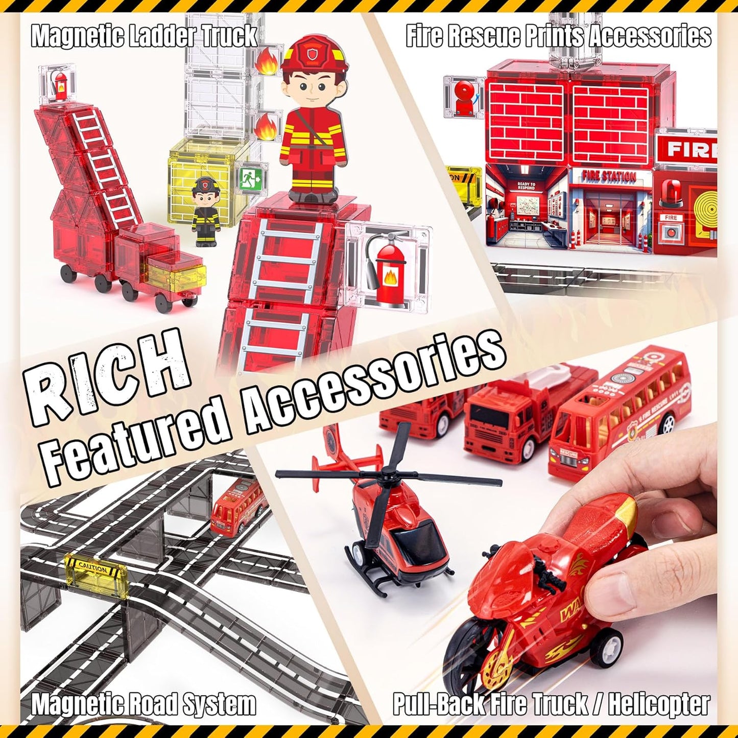 SKTMYY Magnetic Tiles Construction Toys with Road & Crane & Marble Run, Double-Sided Fire Station & Building Magnet Tiles for Kids Ages 4-8, STEM Magnetic Blocks Gifts for 3 4 5 6 7 8 Year Old Boys