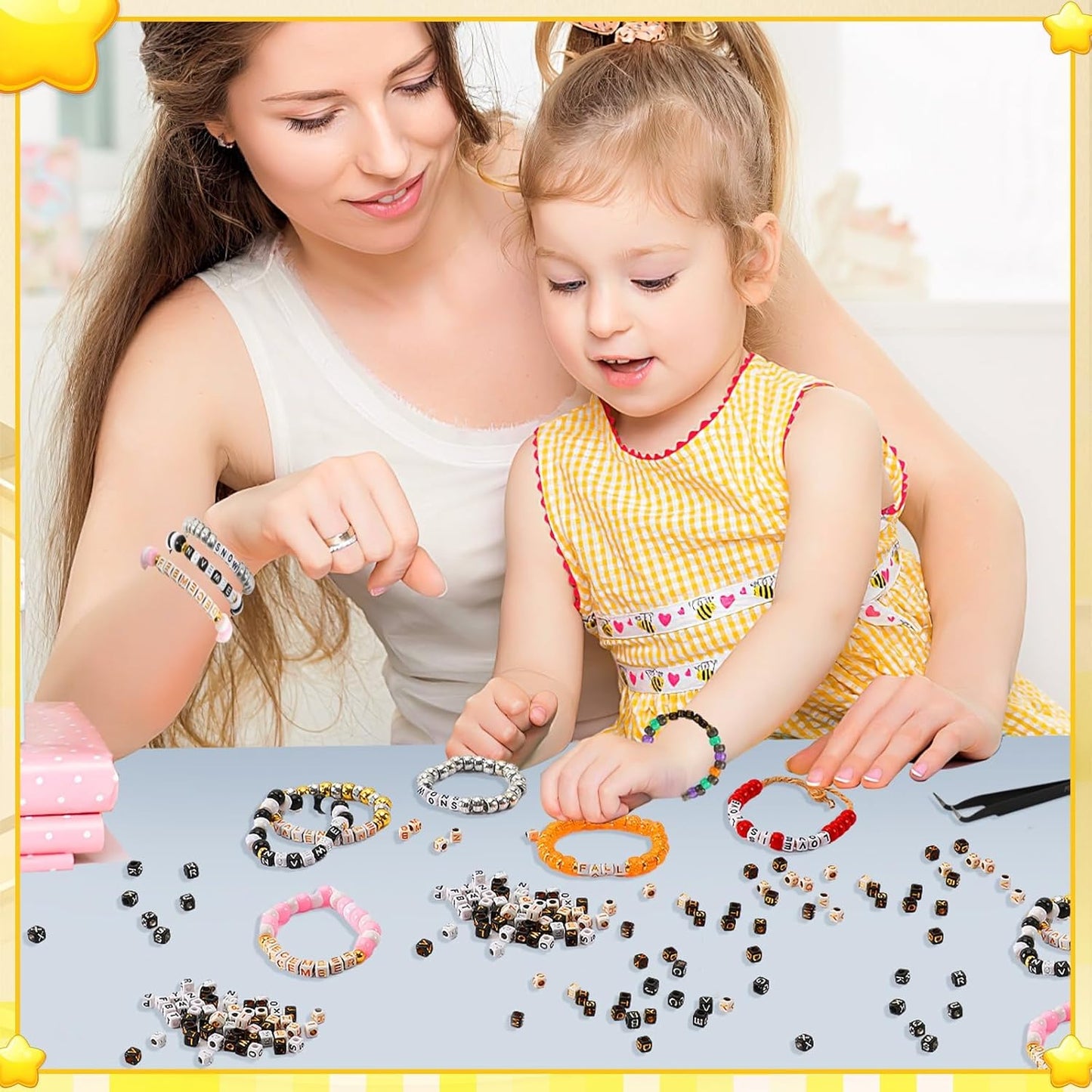 Letter Beads, Augshy 1400 Pcs Morandi Cube Alphabet Bead,Square Letter Beads with 1 Roll 10M Crystal String Cord (6mm)