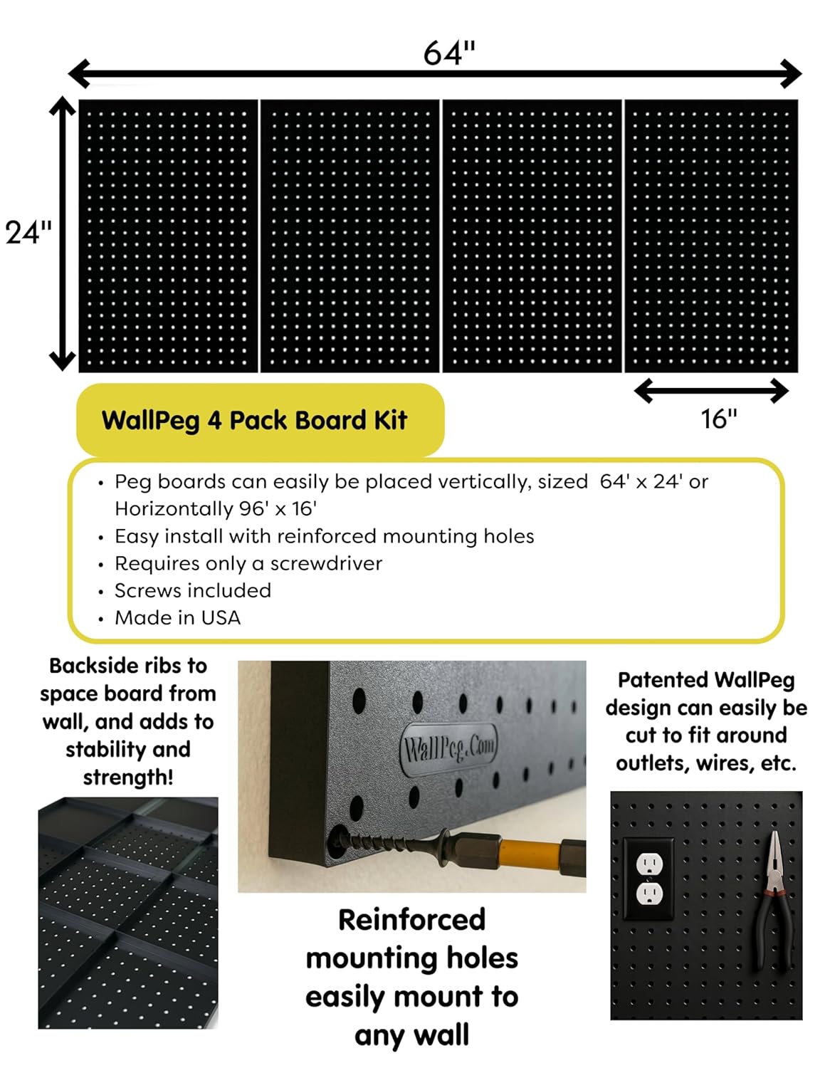 WallPeg Made in USA Pegboard Panels Garage Organization - Wall Storage Kit (PB-2 B) (2) ea - 24" x 16" Peg Board Tool Organizer Panel Set - Garage Organizer Kit