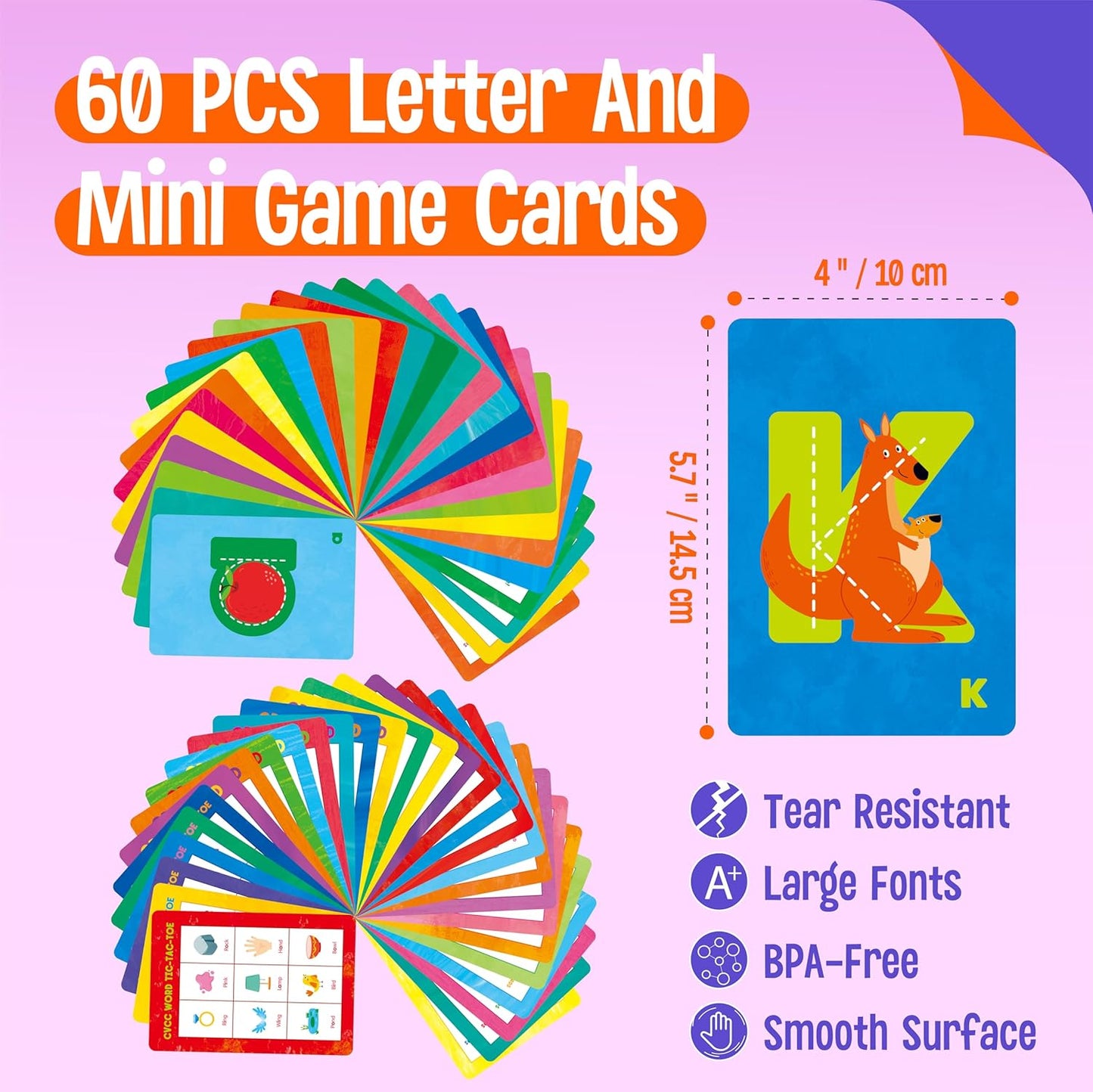 60 Alphabet and Game Cards, Double-Sided Letter Flashcards, Crossword, Tic-tac-Toe. WordSearch, Word Spelling Games for Kids, CVC, CVCC, CCVC & First Words Learning Tool