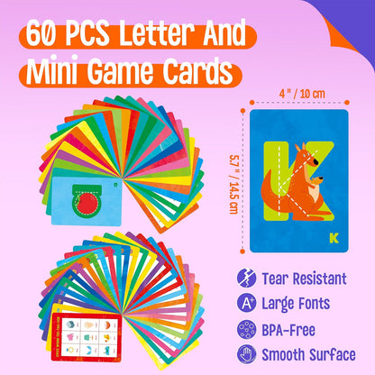 60 Alphabet and Game Cards, Double-Sided Letter Flashcards, Crossword, Tic-tac-Toe. WordSearch, Word Spelling Games for Kids, CVC, CVCC, CCVC & First Words Learning Tool