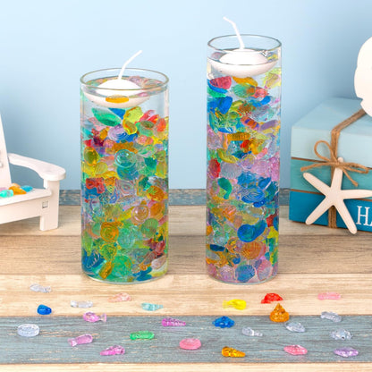 QEQEKAKA 100pcs Ocean Sensory Bin Filler Kit - Plastic Seashells Acrylic Gems for Diving, Vase Filler Decor, Mermaid Pool Treasure Hunt (0.5"-1.3" Fake Beach Shells)
