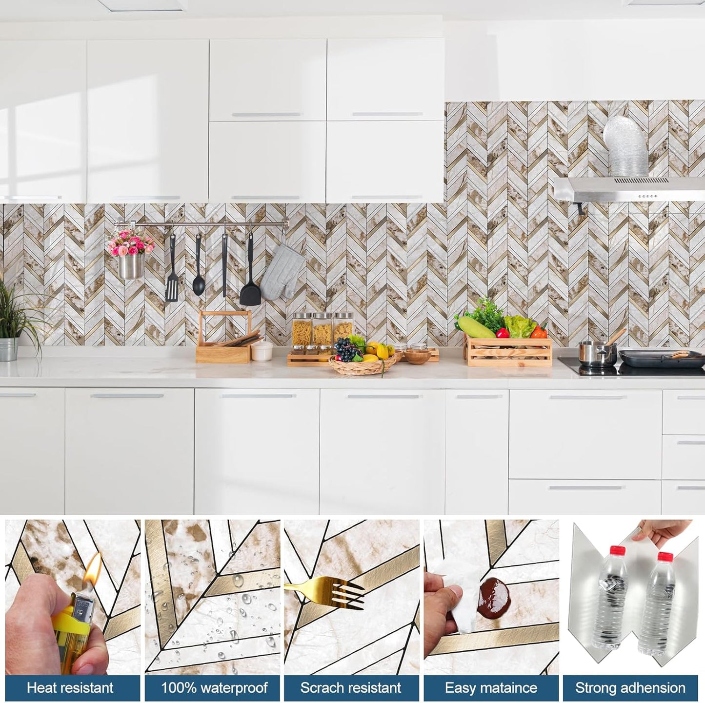 Yipscazo 10 Sheets Herringbone Backsplash Peel and Stick Tile, Marble Calacata Mixed Metal Gold PVC Stick on Backsplash for Kitchen, Waterproof Self Adhesive Wall Tile for Bathroom