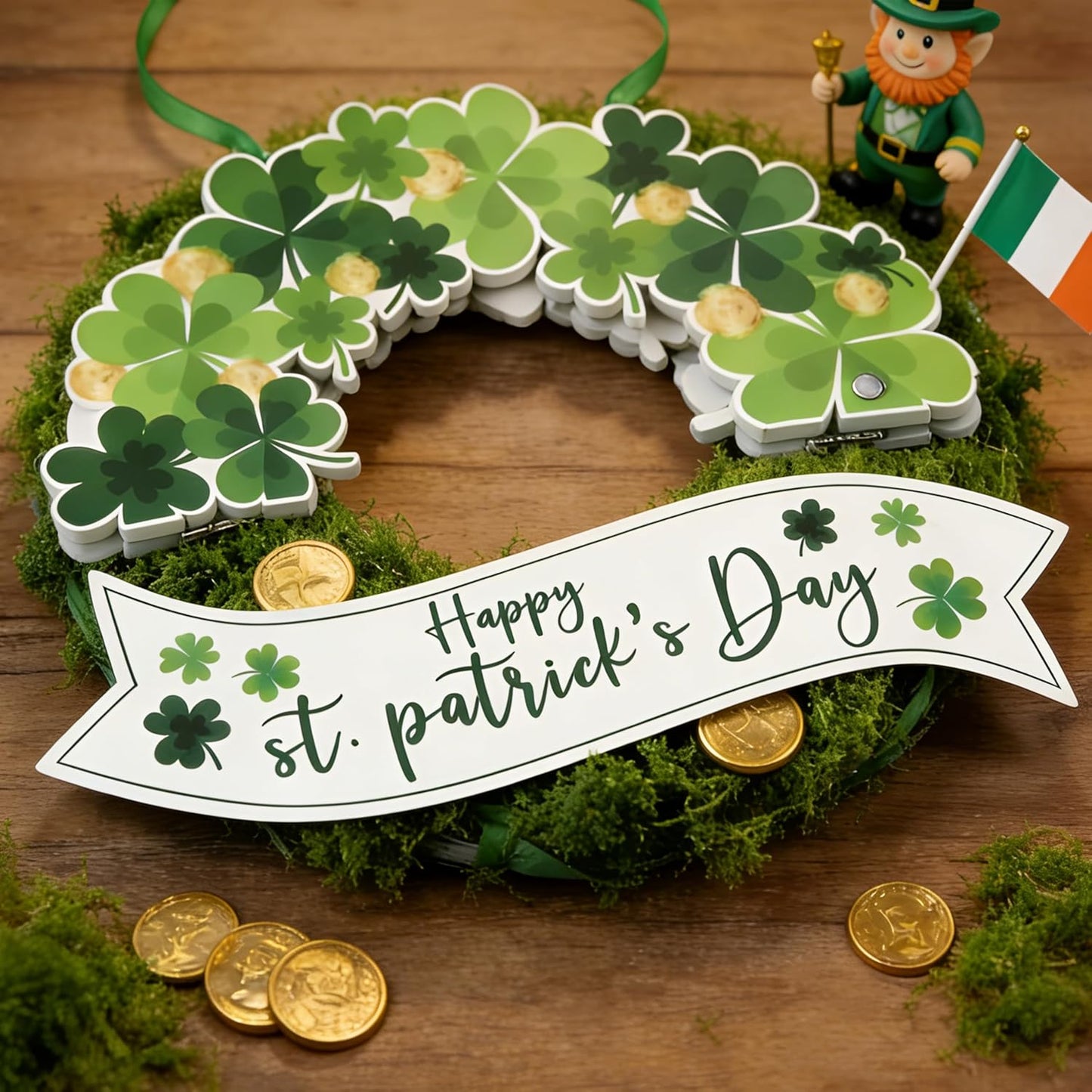AOMOONOA Lighted St. Patrick’s Day Wreath for Front Door, Battery Operated Shamrock Wreaths with Timer, Wooden Foldable Wreath with Magnetic Word Signs for Irish Holiday Outdoor, Wall Decor