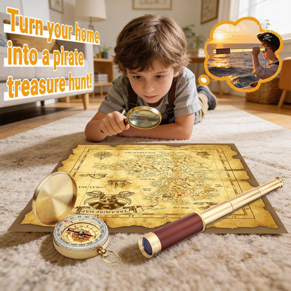 Retro Pirate Telescope Zoomable with Treasure Map 25x30 Spyglass Portable Collapsible Handheld Telescope Vintage Monocular for Kids & Survival Gear Compass Pocket Military Compass