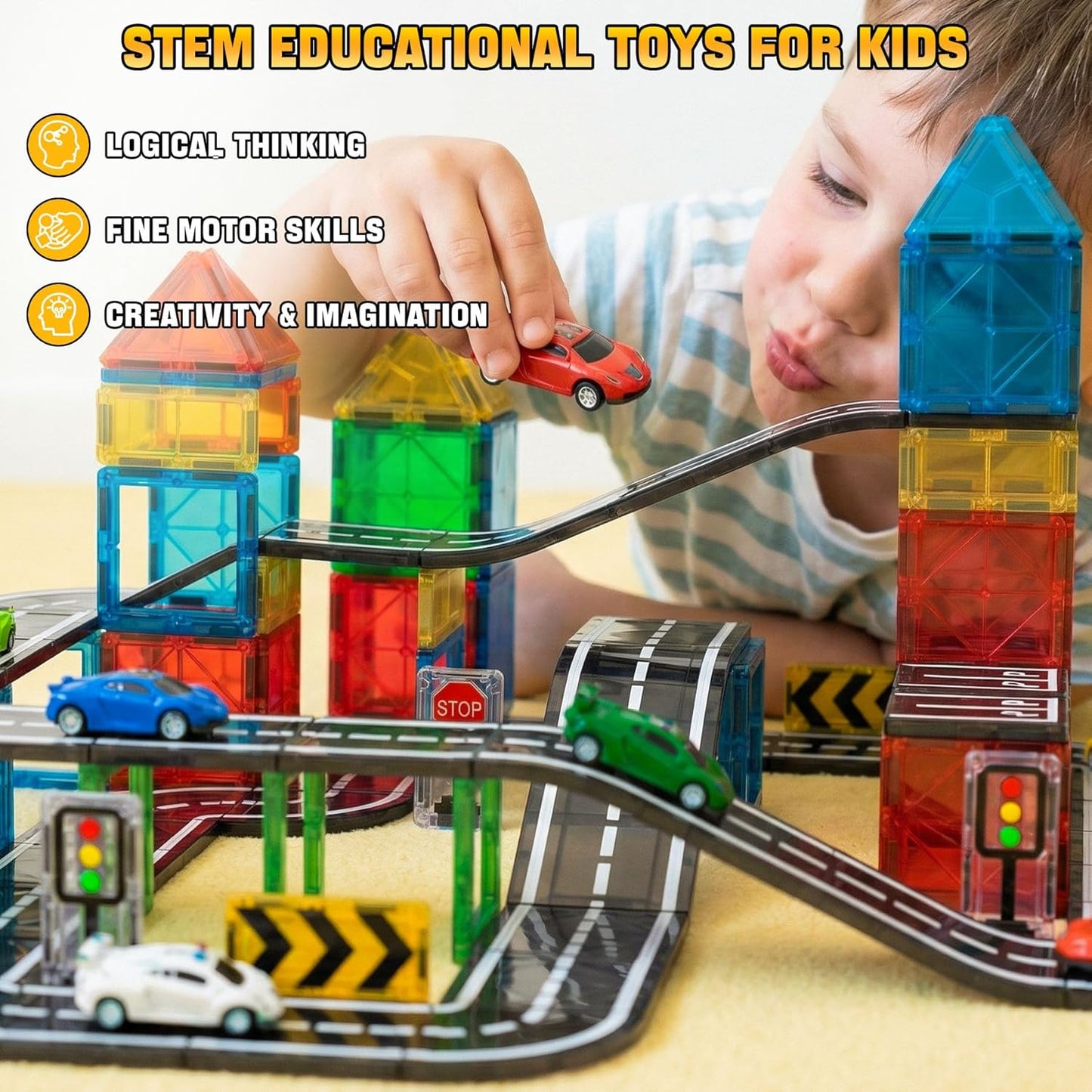 150PCS Magnetic Tiles Road Set with Marble Run, Preschool Magnet Tiles Included Magnetic Cars. STEM Magnetic Tiles for Kids, Preschool Educational Building Toys for Boys & Girls