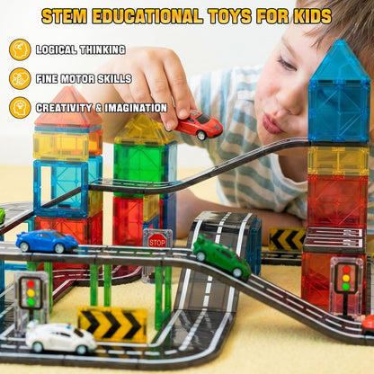 150PCS Magnetic Tiles Road Set with Marble Run, Preschool Magnet Tiles Included Magnetic Cars. STEM Magnetic Tiles for Kids, Preschool Educational Building Toys for Boys & Girls