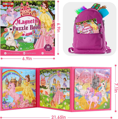 Magnetic Puzzles for Kids Ages 4-6, 20-Piece Toddler Travel Toys Unicorn Princess Puzzles Ages 3-5, Educational Learning Magnets, Ideal Road Trip Activities Toys for 3 4 5 6 Boys and Girls
