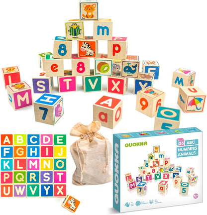 QUOKKA Montessori Wooden Blocks for Toddlers 1-3 - 35 Realistic ABC Learning Baby Blocks for Kids 3-5 Year Olds - Stacking Alphabet Wood Toys for 2-4 yo - Learn Letters Numbers