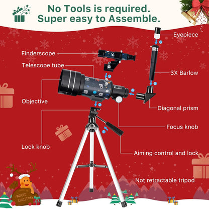 FREE SOLDIER Telescope for Kids 70mm Aperture Astronomical Refractor Telescopes for Beginners (15X-150X) 300mm Telescope for Adults High Powered with A Phone Adapter & A Wireless Remote (White)