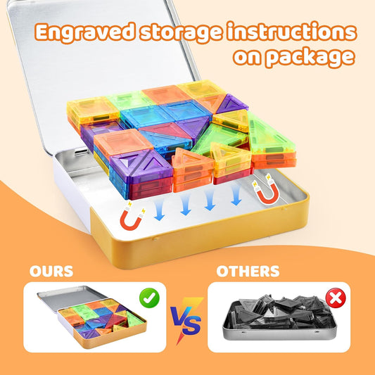 56PCS Mini Magnetic Tiles, Portable Magnetic Toy Travel Set for Kids, Includes Iron Storage Box, Puzzle Toy for Boys and Girls Ages 3+, Creative Building Toy Set, Holiday