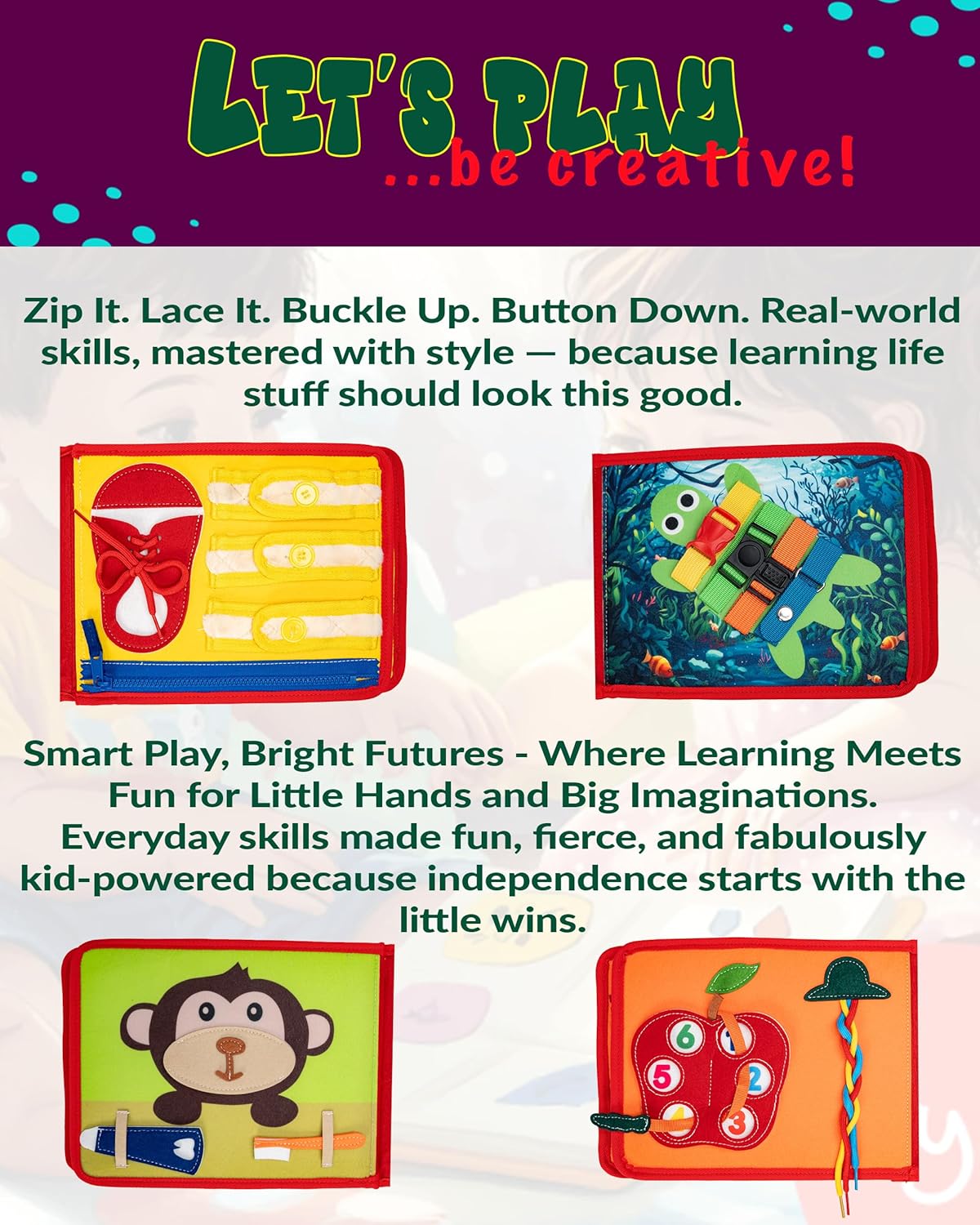 HappyVk Busy Book for Toddlers - Montessori Travel Toys with 13 Educational Activities - My Quiet Book - and A Felt Activity Board Game with 10 Weaving Strips