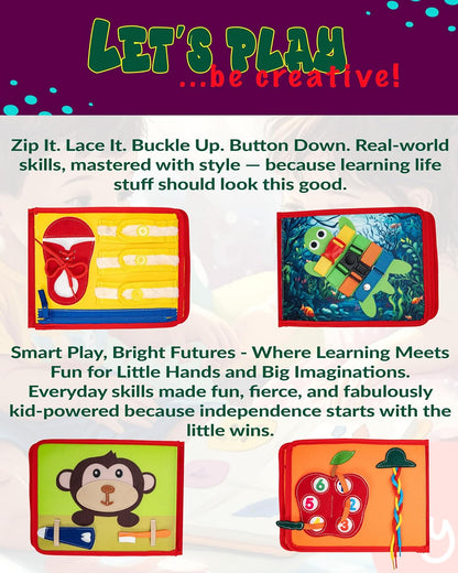 HappyVk Busy Book for Toddlers - Montessori Travel Toys with 13 Educational Activities - My Quiet Book - and A Felt Activity Board Game with 10 Weaving Strips
