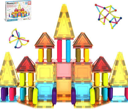 PicassoTiles 82 Piece Magnetic Sticks and Magnet Tiles Construction Building Block Toys for Toddlers, STEM Learning Toy Magnets Balls and 3+ Years Old for Boys Girls Kids Children Early Educational