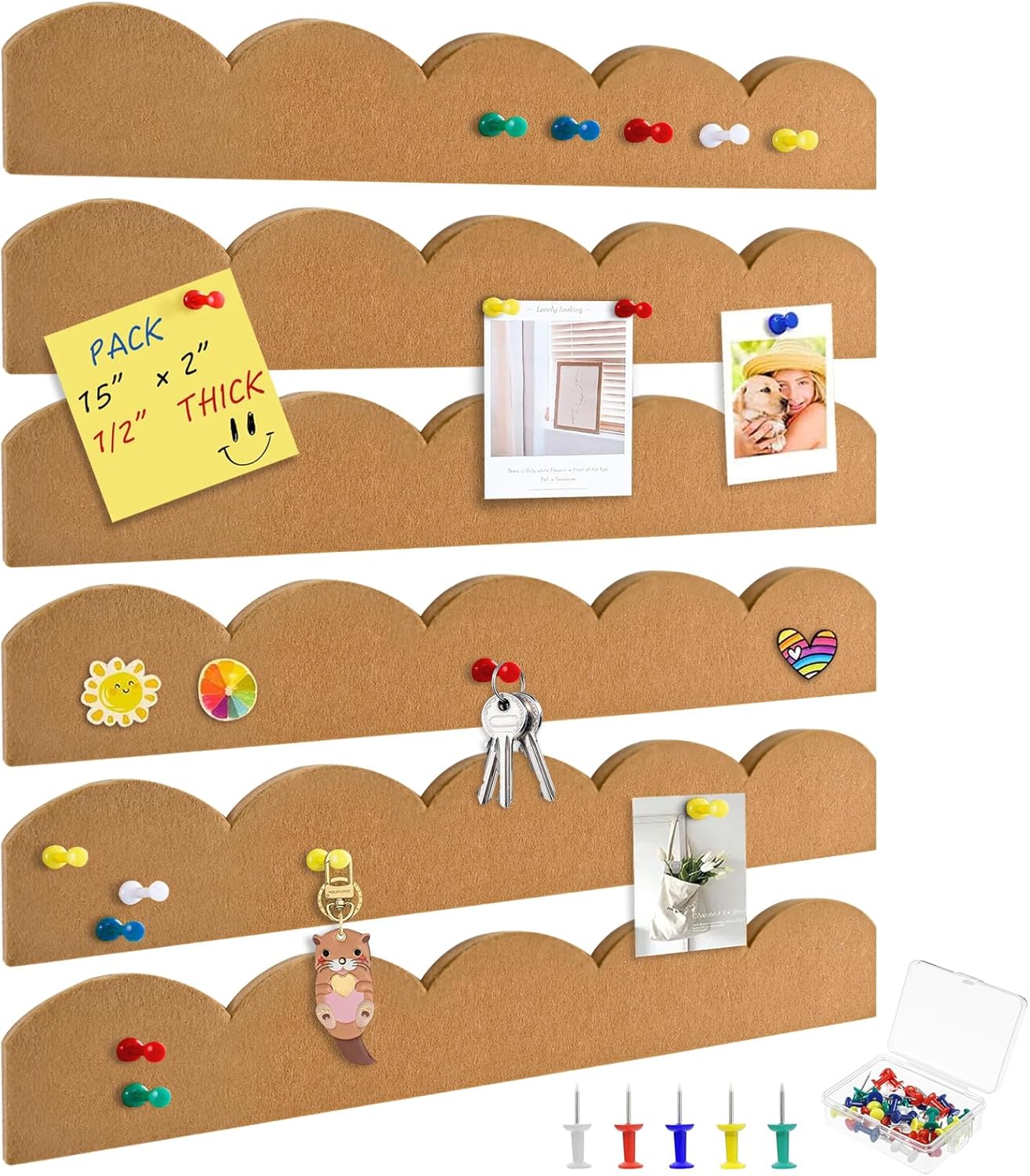 6 Pack Felt Pin Board Bar Strips,Scalloped Bulletin Board for Office Classroom Wall Decoration,Self Adhesive Cork Board Strips with 30 Push Pins for Hanging Photos,Notes,Schedules