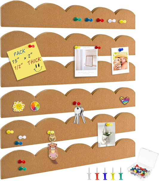 6 Pack Felt Pin Board Bar Strips,Scalloped Bulletin Board for Office Classroom Wall Decoration,Self Adhesive Cork Board Strips with 30 Push Pins for Hanging Photos,Notes,Schedules