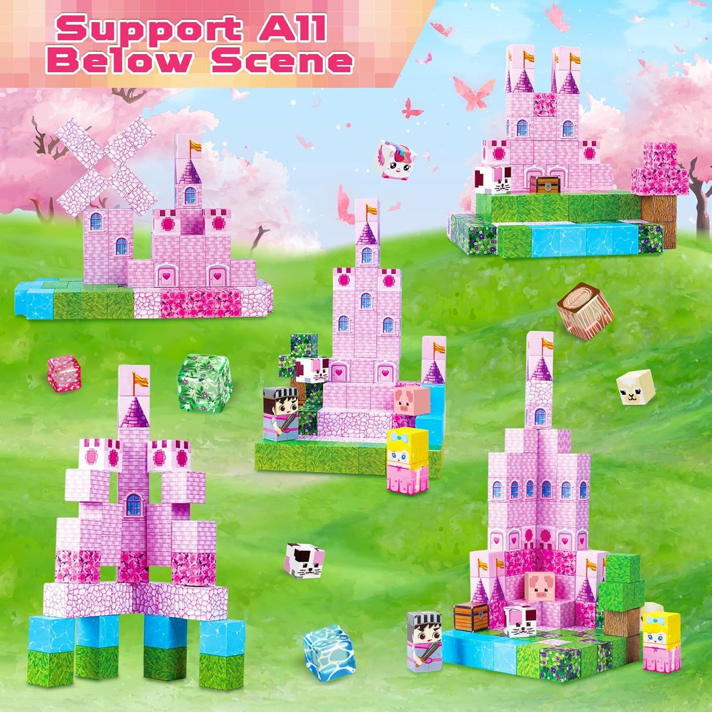 Magnetic Blocks - 100Pcs 0.8in Magnetic Building Block for Kids Ages 4-8, Transparent Magnet Block Blue Princess Castle, Magnet Cubes Tiles Princess Toy for Girl 3 4 5 6 7 8-12 Birthday Gift