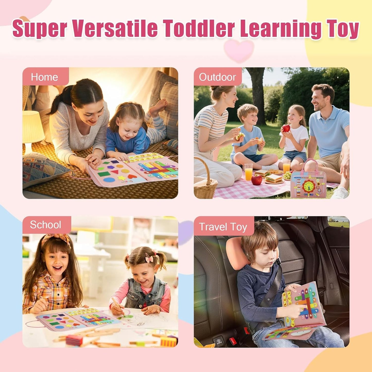 Toddler Busy Board-Montessori Toys for Boy Girl Birthday Gift, Sensory Learning Toys for Toddlers Busy Book, Airplane Car Travel Activities Toy,Learn Fine Motor Skills