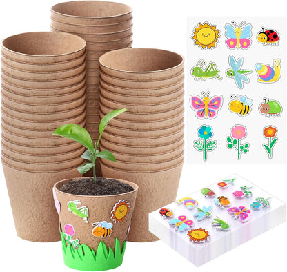 72 Pcs 4 Inch Garden Paper Pot Craft Kit Spring Crafts Bulk Including Round Paper Mache Pots Adhesive Foam Sticker EVA Grass Sticker Mother's Day DIY Planting Growing Garden Kit