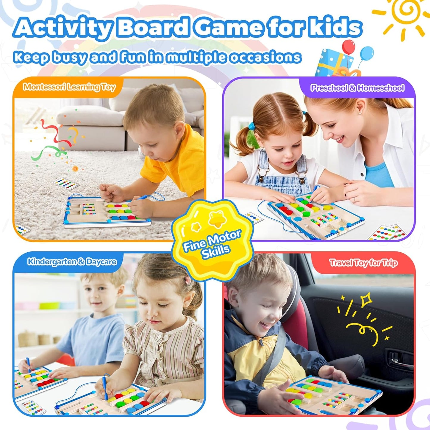 FCSONU Kids Magnetic Color Matching Puzzle Board Toys, Toddler Montessori Toys for 3 4 5 6 Years Old Boy Girls Birthday Gifts, Wooden Sensory Autistic Puzzle Maze Game Age 3-6, Preschool Activities