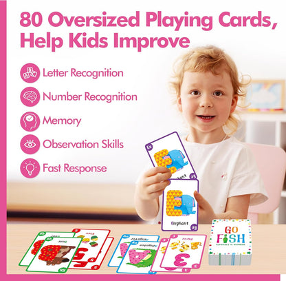 Go Fish Card Game, 80 Alphabet & Number Cards Oversize ABC 123 Memory Matching Game for Kids Learning, Party Game, Family Gathering, Game Night, Classroom Activities