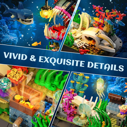 INSOON Mechanical Angler Fish Building Set with Lights, Movable Lantern Fish Building Blocks Toy with Shark Jellyfish, 1139 PCS Ocean Animal Building Kit, Home Decor Gift for Adults Teens Boys 12+