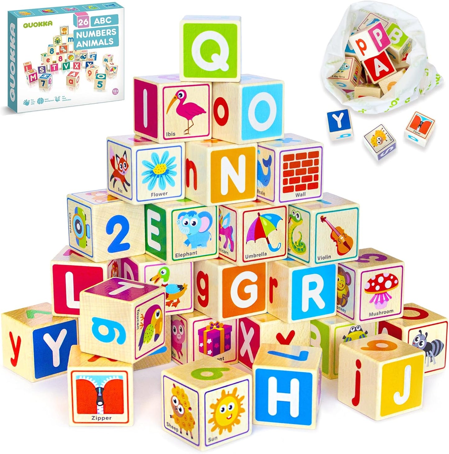 QUOKKA Montessori Wooden Blocks for Toddlers 1-3 - 35 Realistic ABC Learning Baby Blocks for Kids 3-5 Year Olds - Stacking Alphabet Wood Toys for 2-4 yo - Learn Letters Numbers