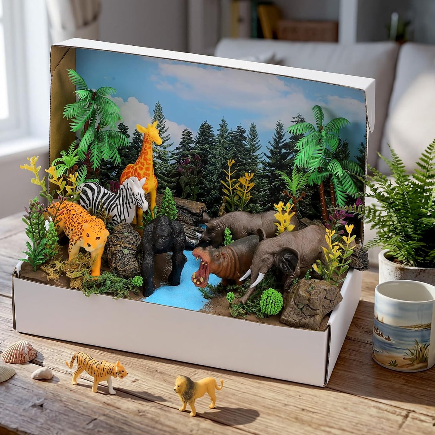 Teyva Daily 48 Pcs Dinosaur Diorama Kit Habitat Project Box Set 3D Dinosaurs Diorama Supplies Include Dinosaurs Model Figures & Eggs Volcano Artificial Trees with Cardboard for DIY Crafts Gifts