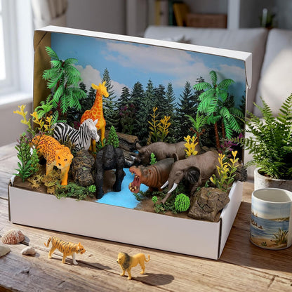 Teyva Daily 48 Pcs Dinosaur Diorama Kit Habitat Project Box Set 3D Dinosaurs Diorama Supplies Include Dinosaurs Model Figures & Eggs Volcano Artificial Trees with Cardboard for DIY Crafts Gifts