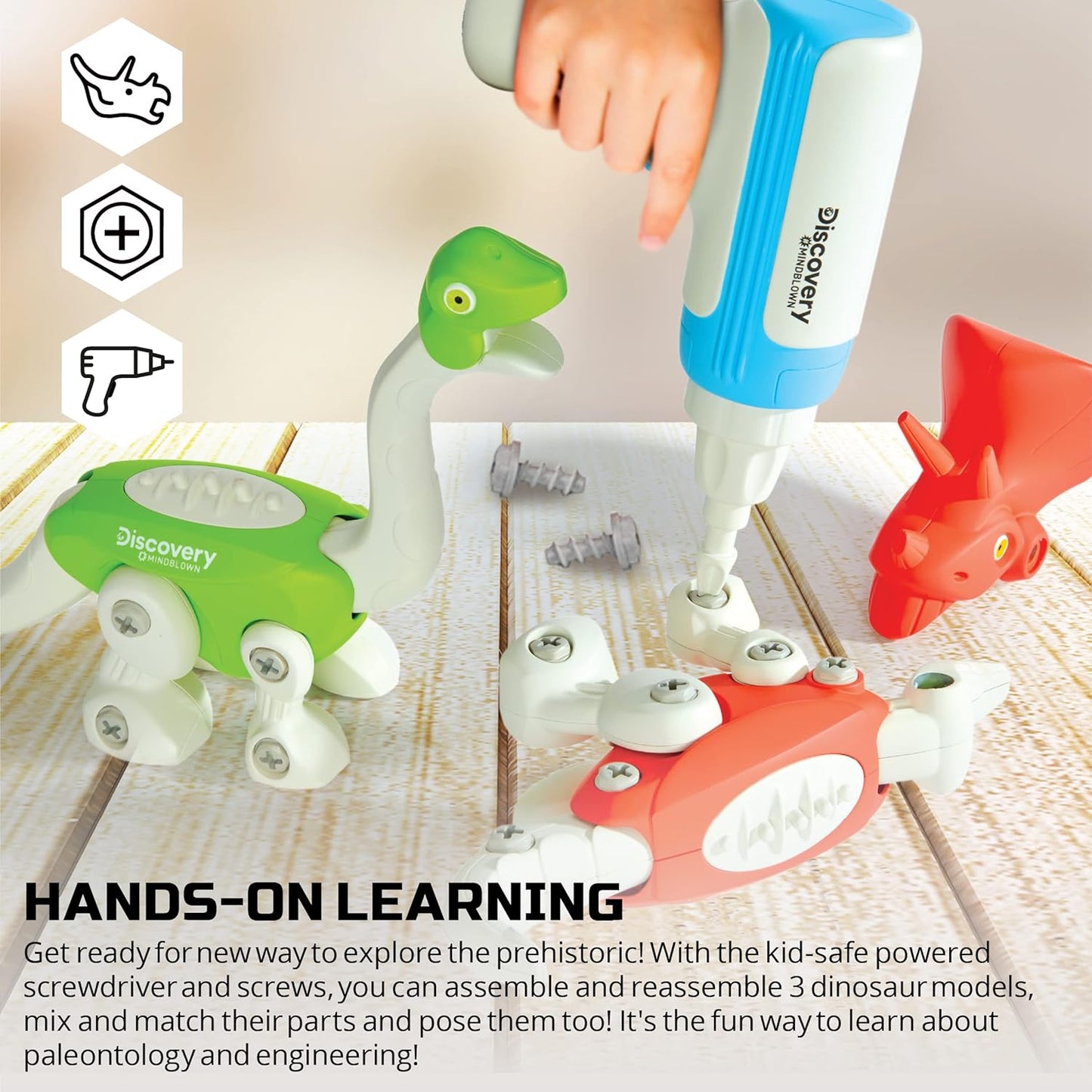 Discovery™ Dinosaur Construction Set, 90-Piece Action Model Build Kit, Kid-Safe Electronic Tools & Screws, Create T-Rex Triceratops, Prehistoric Monster Learning STEM Toy for Paleontologists