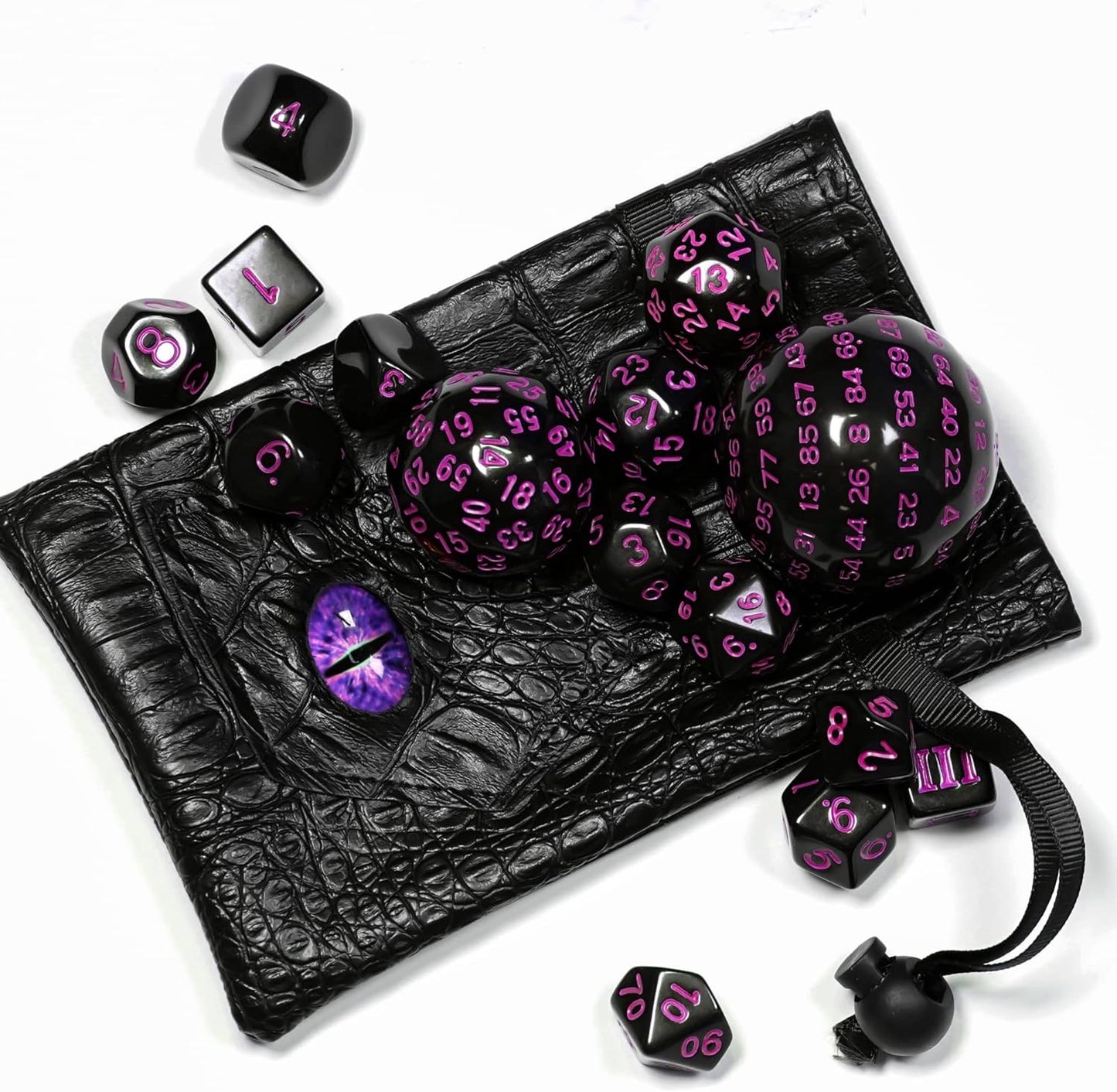 15 Pieces Complete Polyhedral DND Dice Set D3-D100 Spherical D&D Dice Set with Dragon Eye Dice Bag, D100 Dice for RPG Table Games(Black w/Purple Numbers)