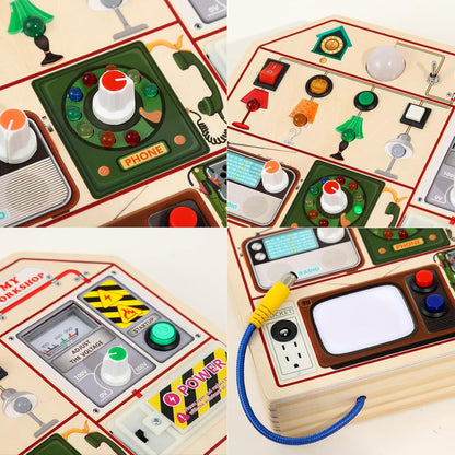 JAUNTY Montessori Wooden Busy Board for Toddlers 3 4 5 Years Old, Wooden Sensory Toddler Toys with LED Light Switches, TV Radio Telegram and Car Driving, Travel Toys Birthday for Boys Girls