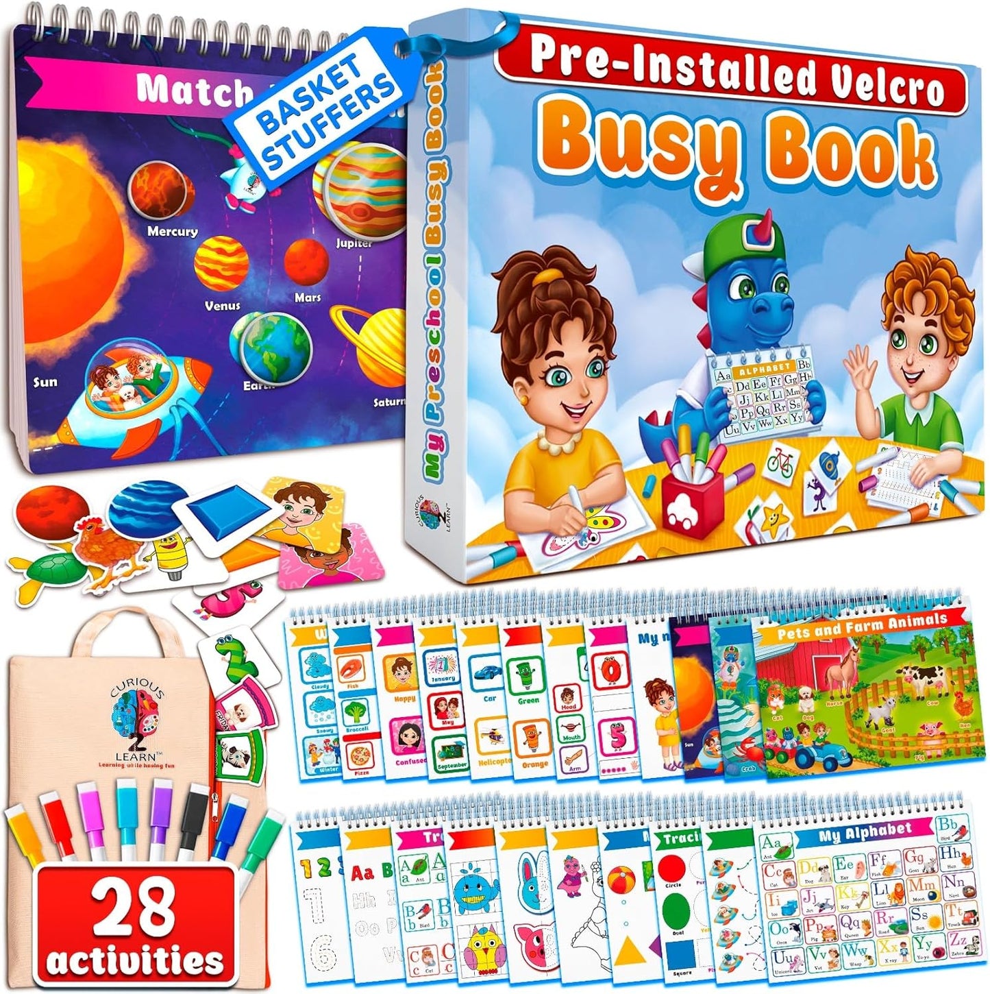 Curious 2 Learn Montessori Busy Book for Toddlers Ages 3-5 – Preassembled Preschool Learning Binder with 28 Activities, Travel Bag & 8 Markers – Educational Toy & Gift for 3 Year Old Boys (Blue)