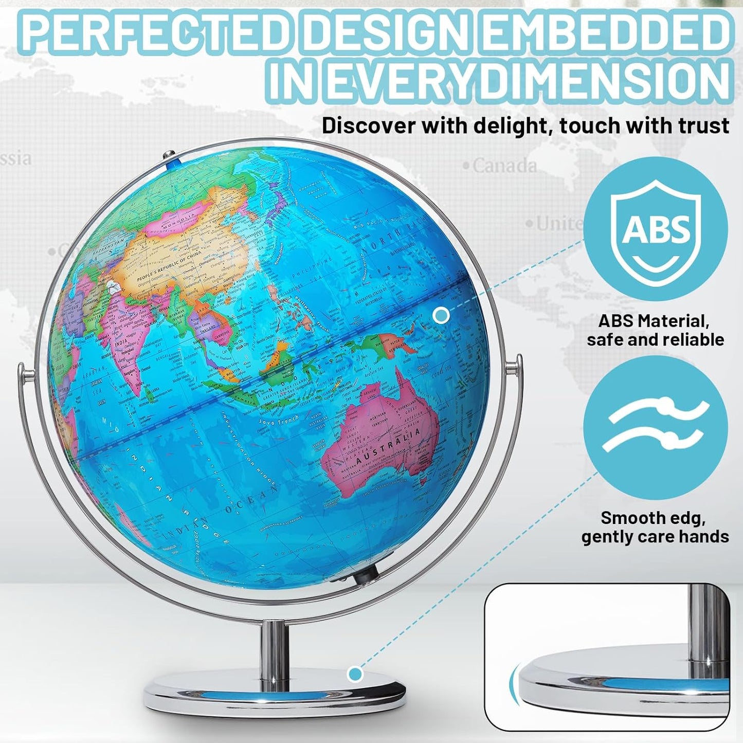 BSHAPPLUS World Globe with Stainless Steel Stand 13 inch, 720 Rotating & HD Waterproof Material, Teaching/Geographic/Decorative Globes with Clear Text for Elementary, Classroom, Home, School, Office