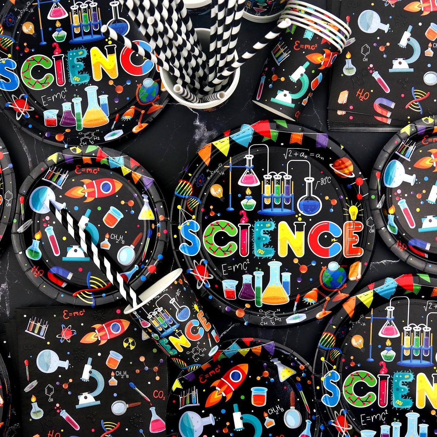 Science Party Supplies, Includes Plates, Tablecloth, Cups, Straws, for Boy Girl Scientist Lab Decoration Serves 20 Guests