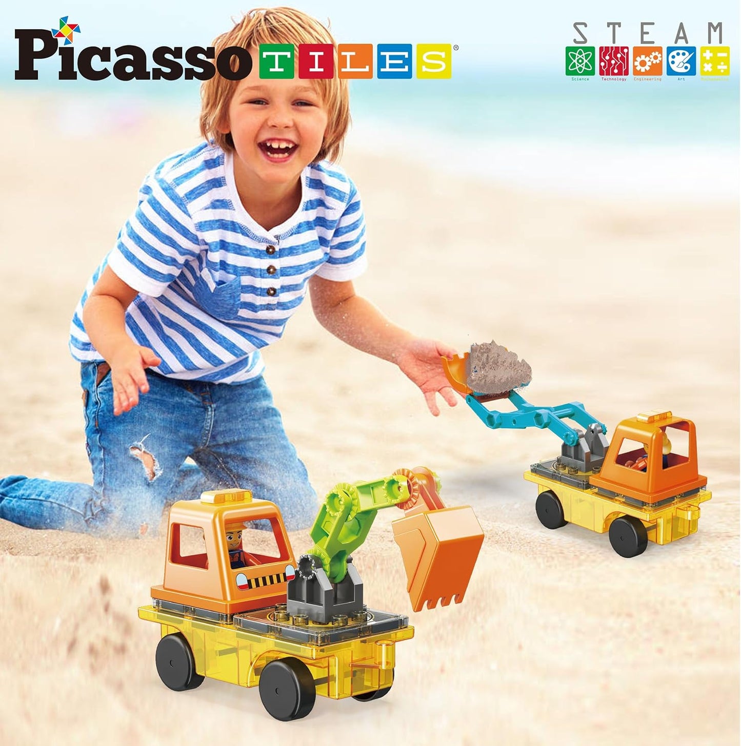 PicassoTiles Magnet Tile Construction Themed Building Blocks 5-in-1 Crane, Ladder, Dump Truck, Excavator, and Backhoe Action Figures, 2 Car Base Vehicles Magnetic Tiles Learning Toys Kids Ages3+ PTU06