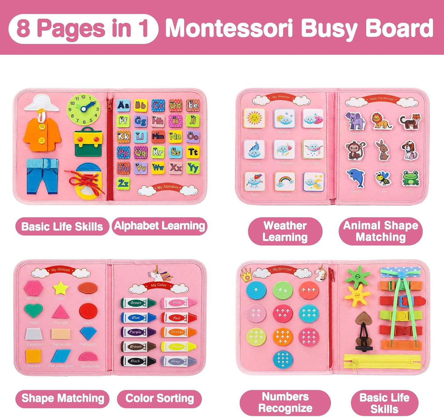 Toddler Busy Board Montessori Toys for Toddlers Girls 1-3 Year Old Birthday Gifts, Sensory Busy Book Learning Educational Activities, Airplane Car Travel Toy