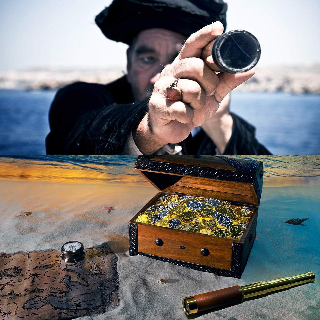 Pirate Monocular Telescope, 25x30 High Powered Zoomable Collapsible Brass Spyglass Handheld Waterproof Telescope Monocular for Bird Watching Hunting Hiking Travelling