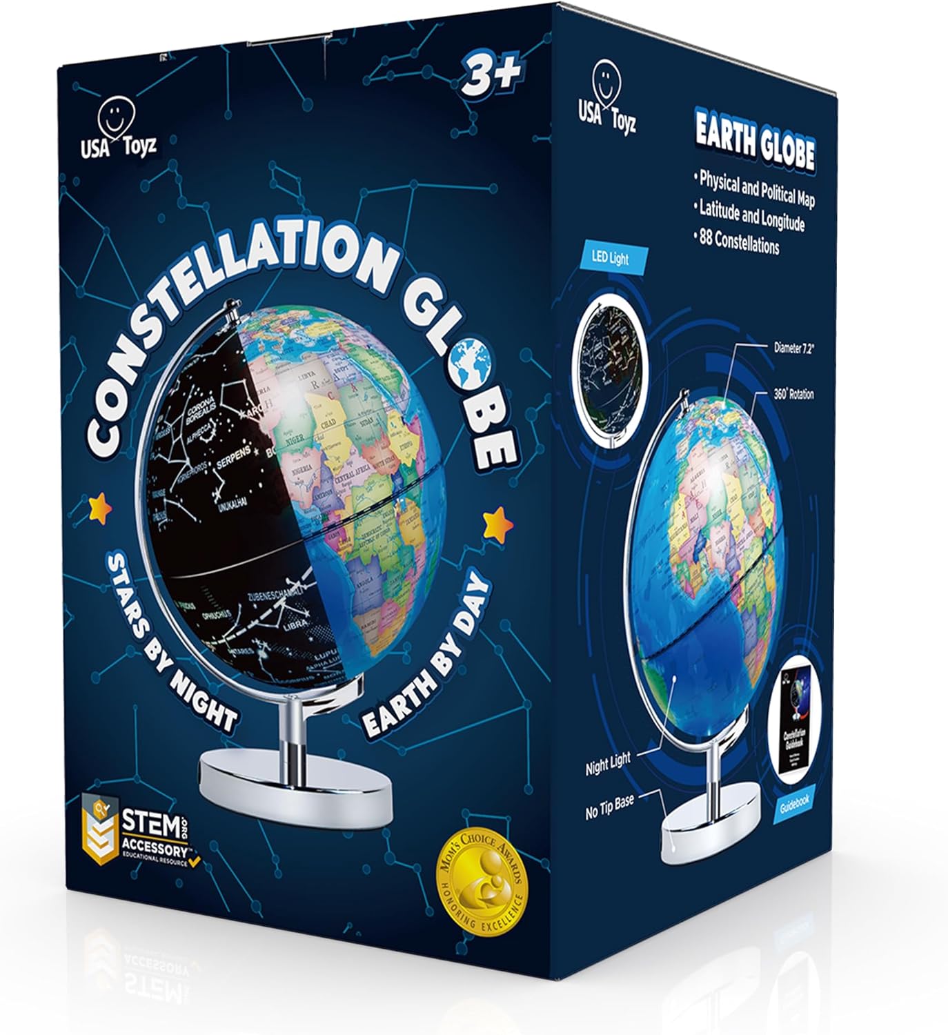 USA Toyz Illuminated Globe for Kids Learning- 3-in-1 STEM Globes of the World with Stand, Constellation Map, Built-in LED Night Light Desk Globe Lamp, Non-Tip Metal Base, 9.75” Tall, 7 Inch Diameter