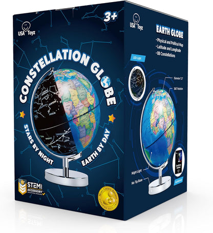 USA Toyz Illuminated Globe for Kids Learning- 3-in-1 STEM Globes of the World with Stand, Constellation Map, Built-in LED Night Light Desk Globe Lamp, Non-Tip Metal Base, 9.75” Tall, 7 Inch Diameter