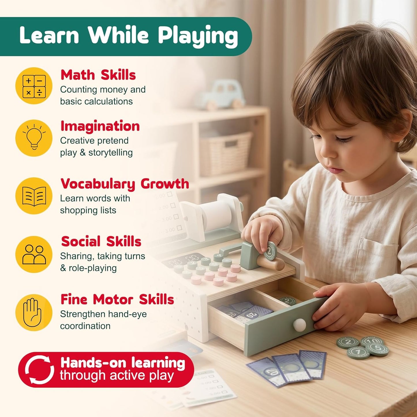 Montessori Wooden Cash Register Toy, Pretend Supermarket Play Set (Ages 3+)