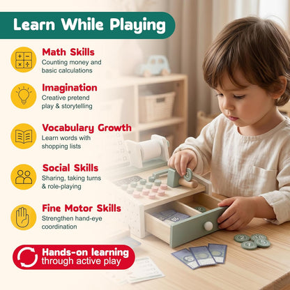 Montessori Wooden Cash Register Toy, Pretend Supermarket Play Set (Ages 3+)