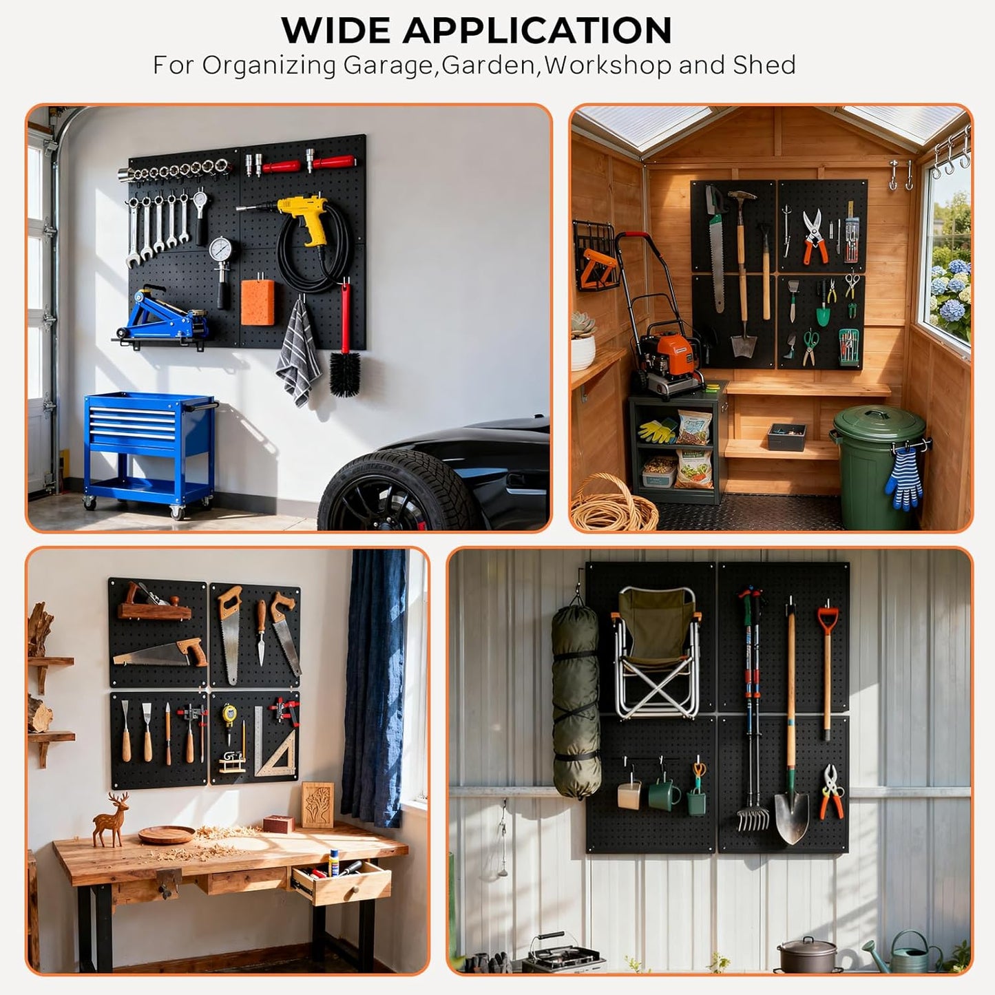 INCLY 70PCS Pegboard Wall Organizer, 4PCS Metal Peg Board Panels with 66PCS 1/4" Pegboard Hooks Accessories Kit, Black Peg Board for Walls Home, Garage Tool Storage, Workbench Organization