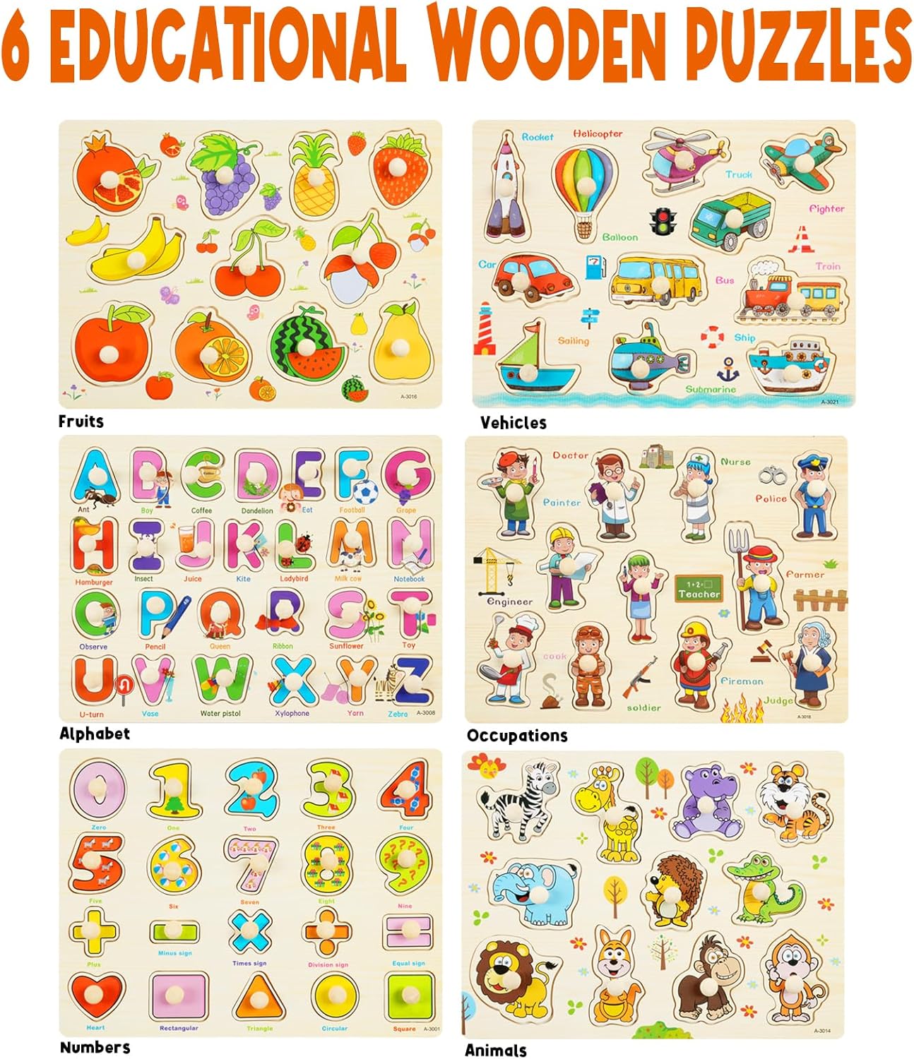 Wooden Peg Puzzles for Toddlers, 6 Pack Toddler Puzzles Set for 3 4 5 Years Old, Preschool Education Learning Puzzle Toys for Girls and Boys (Alphabet Number Animal Vehicle Fruit Occupation)