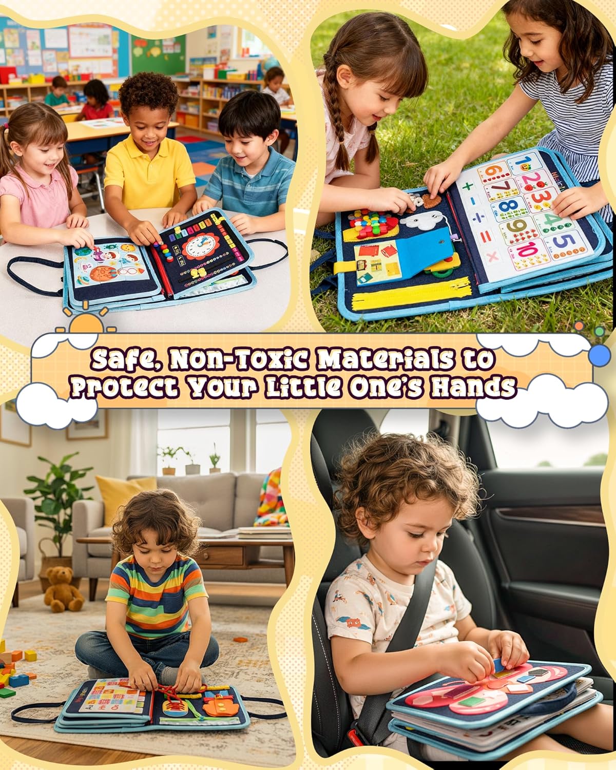 Montessori Busy Book for Toddlers, 8-Page Sensory Activity Book for Fine Motor Skills & Basic Dress Learning, Portable Travel Toy for Preschool Kids, Birthday Gift for Boys and Girls (Blue)