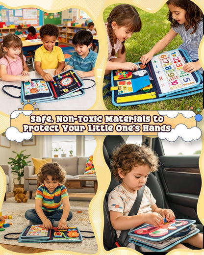 Montessori Busy Book for Toddlers, 8-Page Sensory Activity Book for Fine Motor Skills & Basic Dress Learning, Portable Travel Toy for Preschool Kids, Birthday Gift for Boys and Girls (Blue)