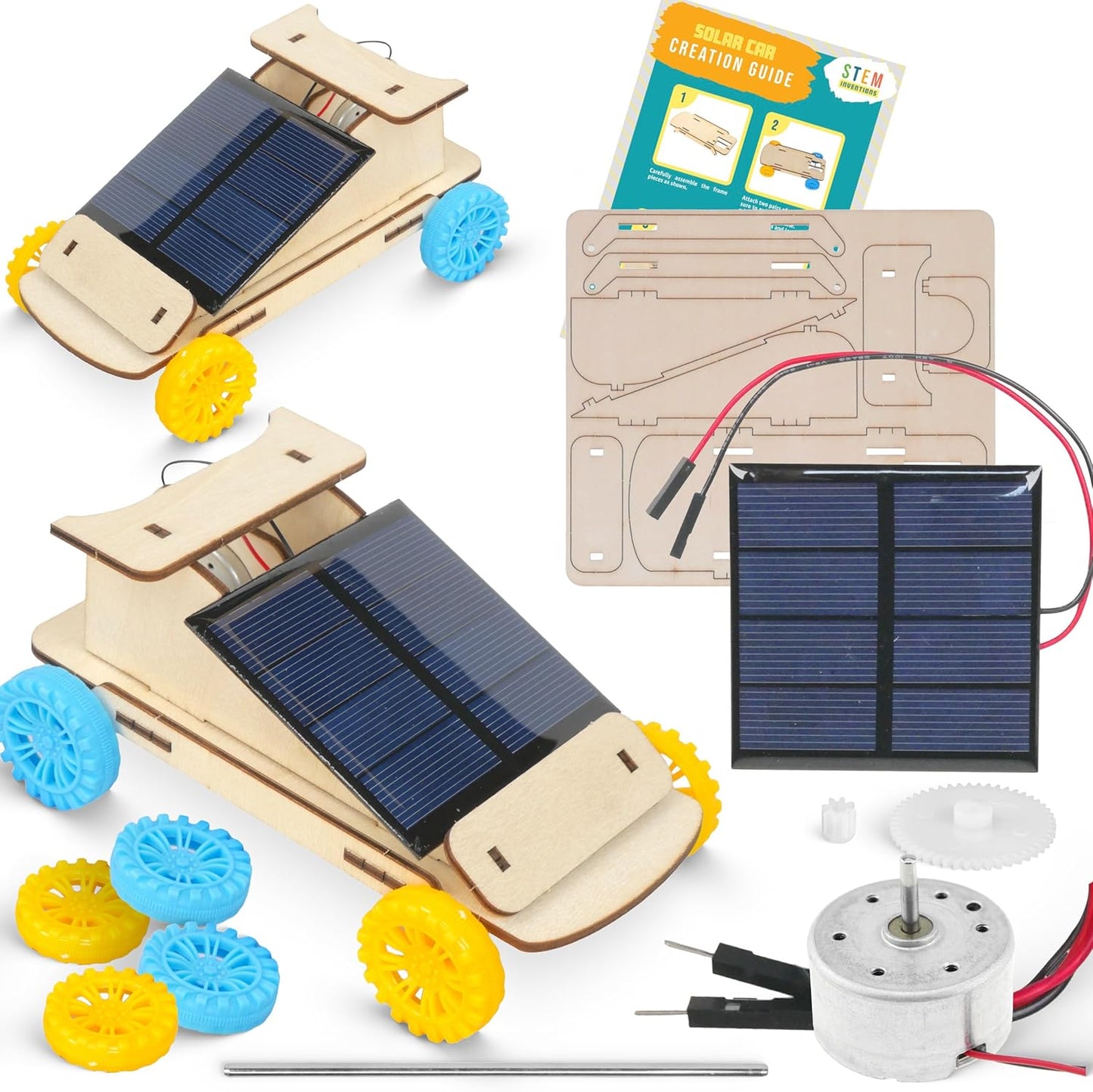 Solar Car Kit, 2-Pack – Build 2 Solar-Powered Wooden Cars, Complete STEM Engineering Project Kit for Classrooms, Ages 8+