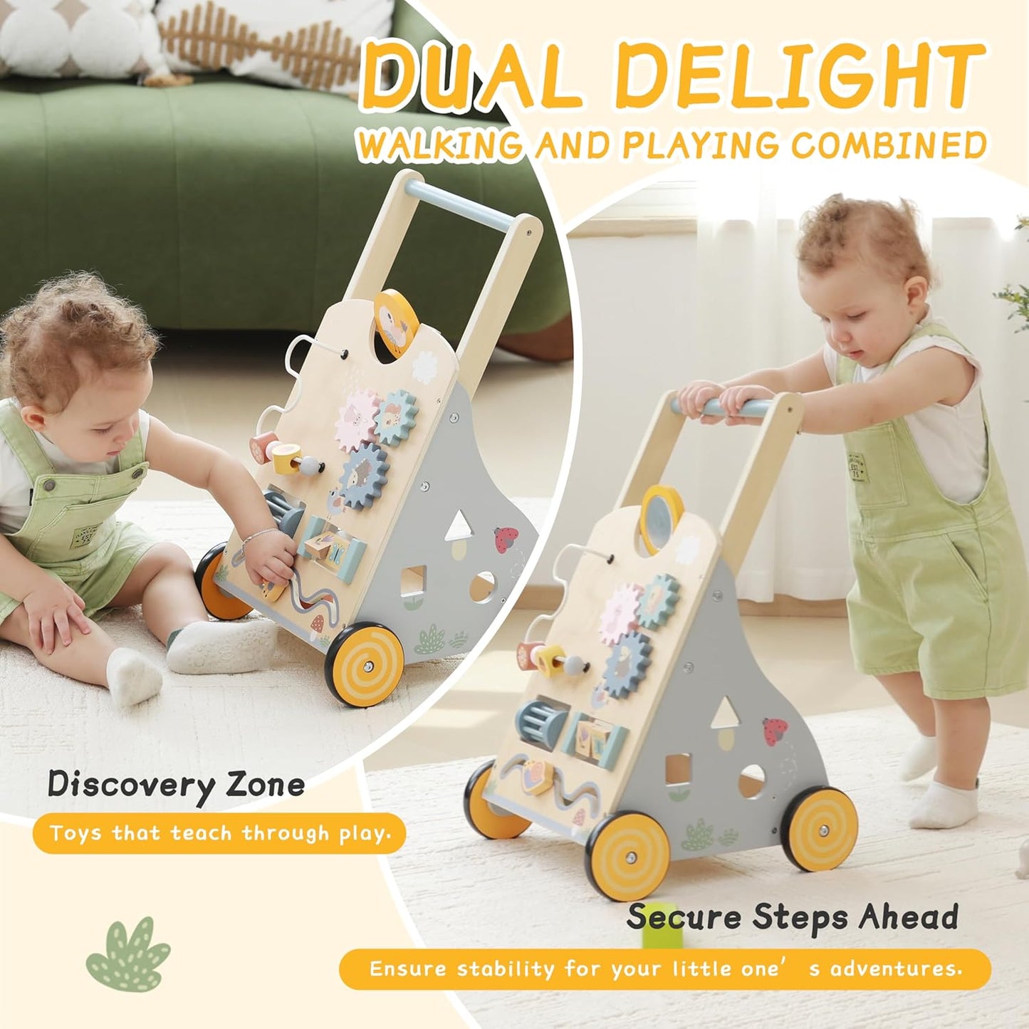 Wooden Baby Push Walker and Toddler Pull Learning Activity Toy - Develop Motor Skills & Creativity - Multiple Activities Center for 1-3 Years Old Boys and Girls