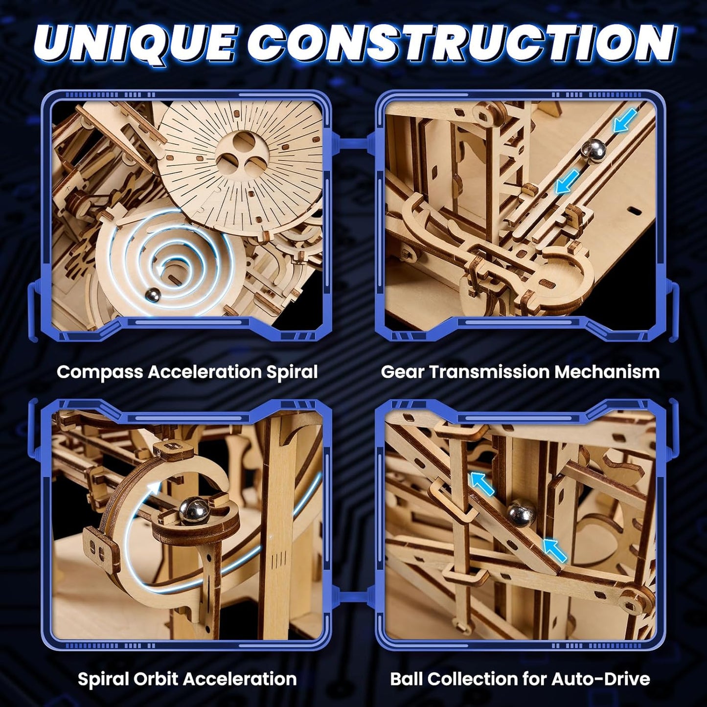 3D Wooden Puzzles for Adults: 371pcs Wood Mechanical Marble Run Model Kits with Roller Coaster Building Set for Adults - 3D Brian Teaser Desk Toys Wooden Puzzles for Men Women Hobbies Gifts