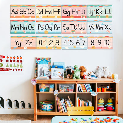 gisgfim 12 Pieces Alphabet Bulletin Board Strips Set Boho Rainbow Alphabet Line ABC Alphabet Banner & Number Border Posters for Preschool Kindergarten Classroom Playroom Bedroom (Boho)